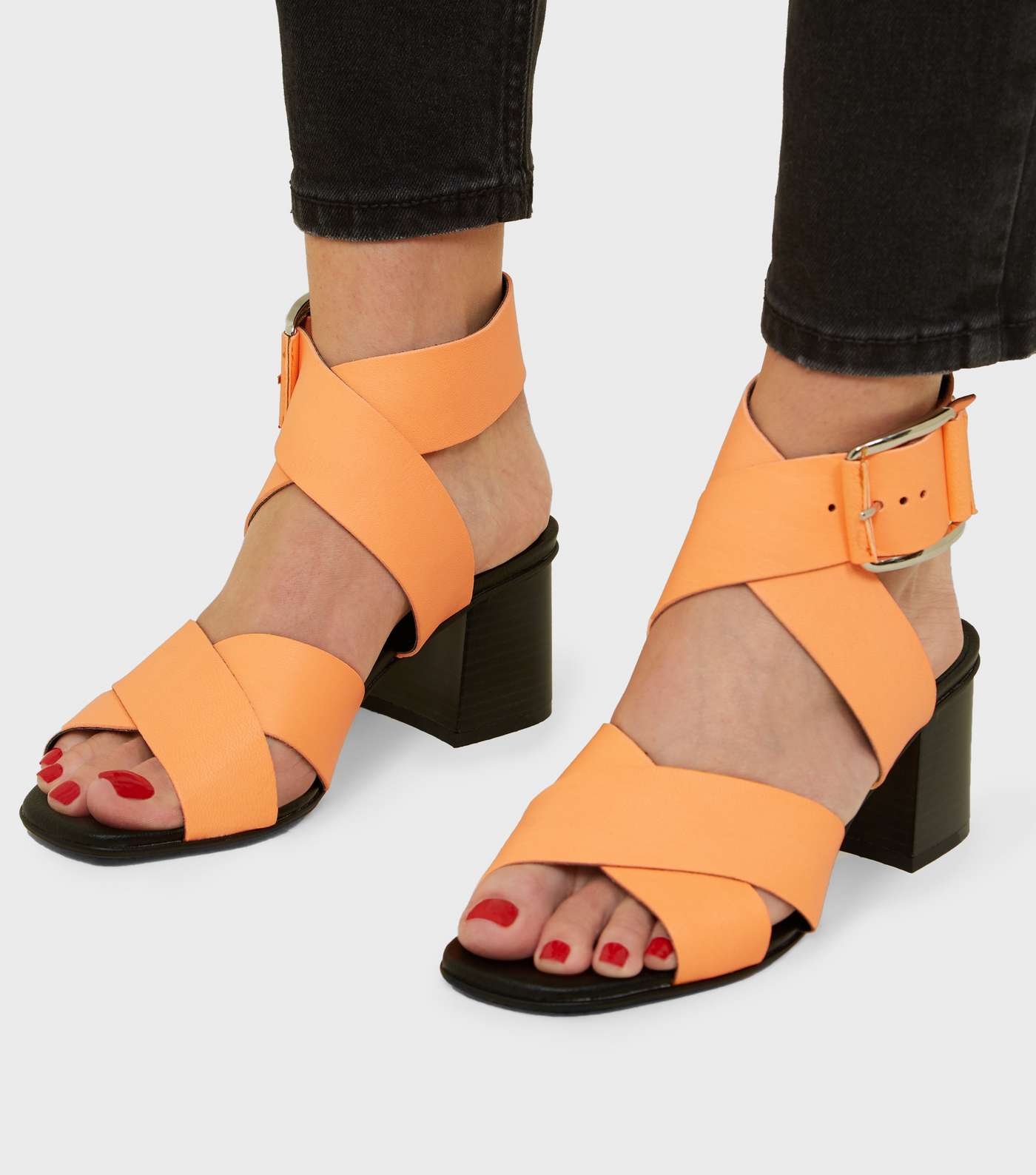 Orange Premium Neon Leather Cross Strap Sandals Image 2