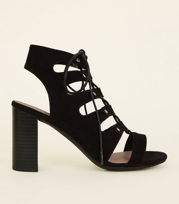 black suedette low block heel ghillie sandals