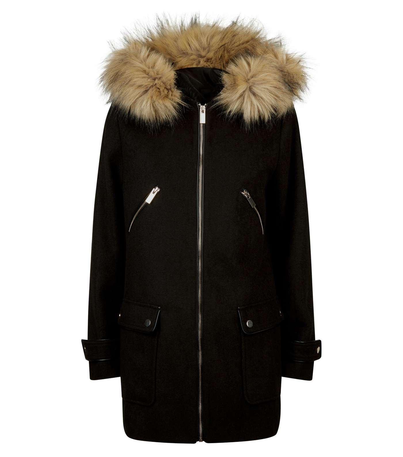 Black Faux Fur Trim Duffle Coat Image 4