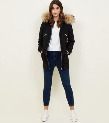 Black faux fur outlet trim duffle coat