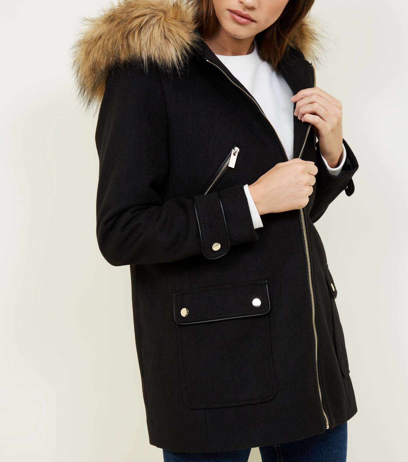 Black Faux Fur Trim Duffle Coat Image 8