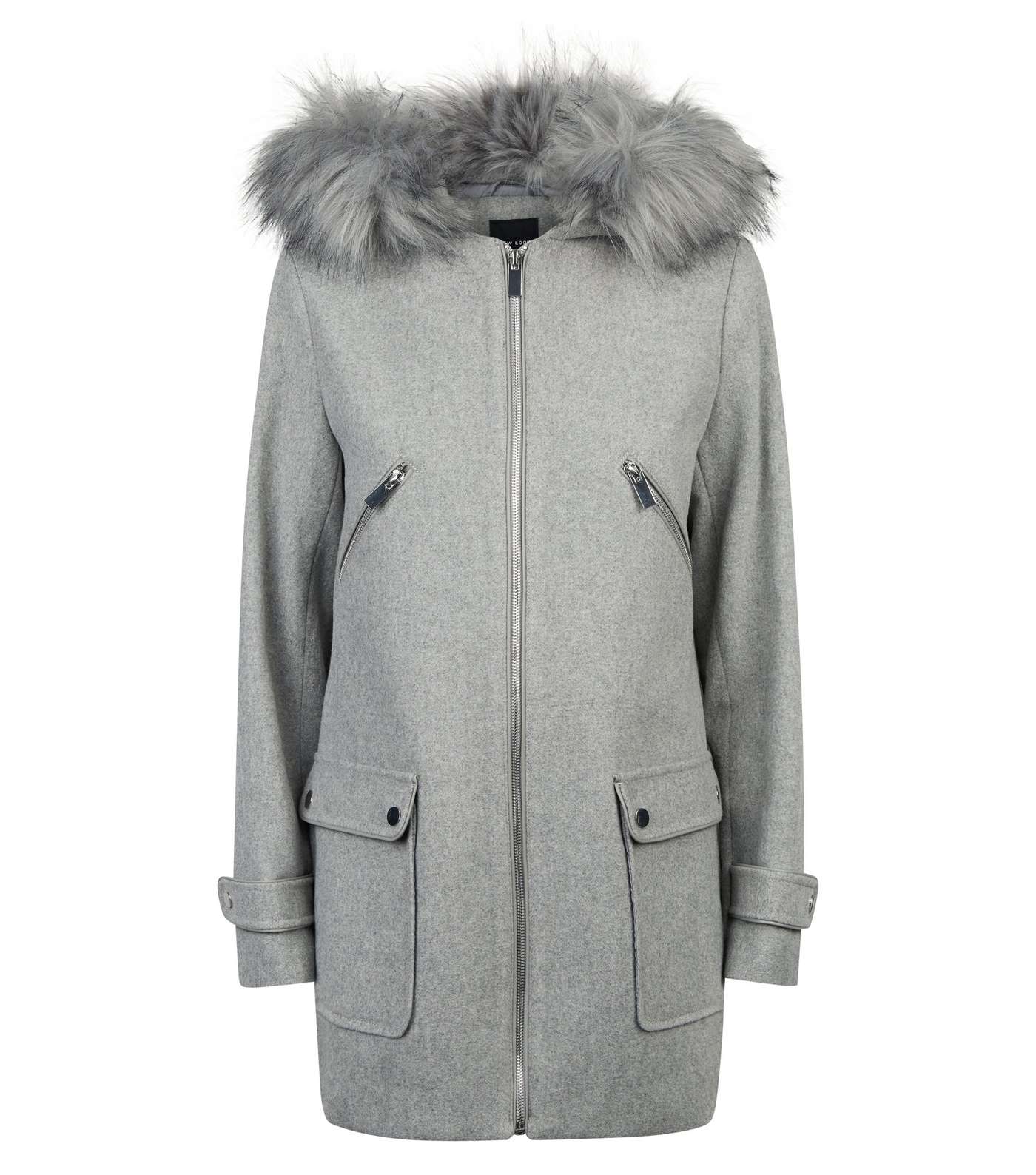 Pale Grey Faux Fur Trim Duffle Coat  Image 4