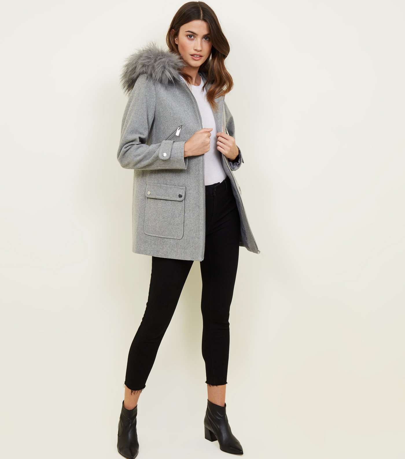 Pale Grey Faux Fur Trim Duffle Coat  Image 2