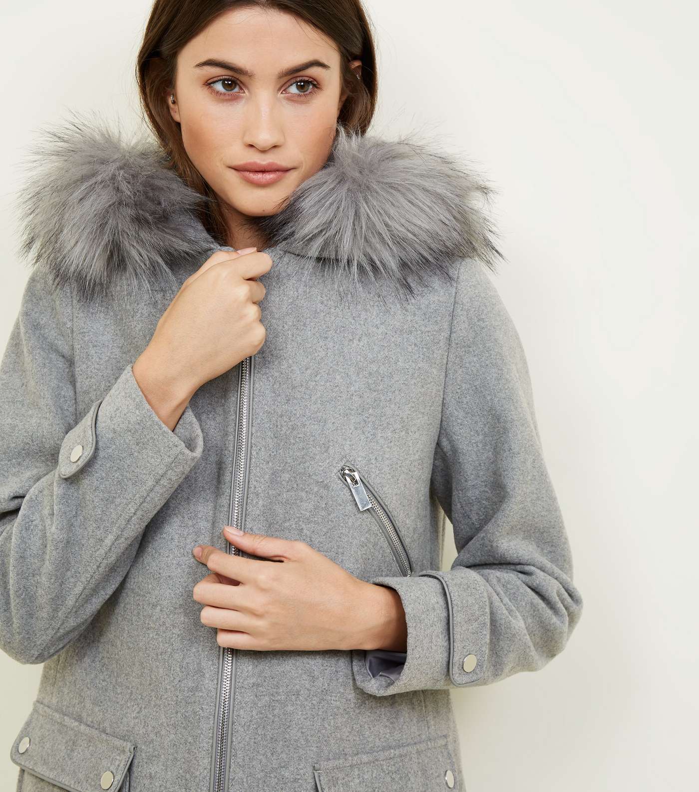 Pale Grey Faux Fur Trim Duffle Coat  Image 6