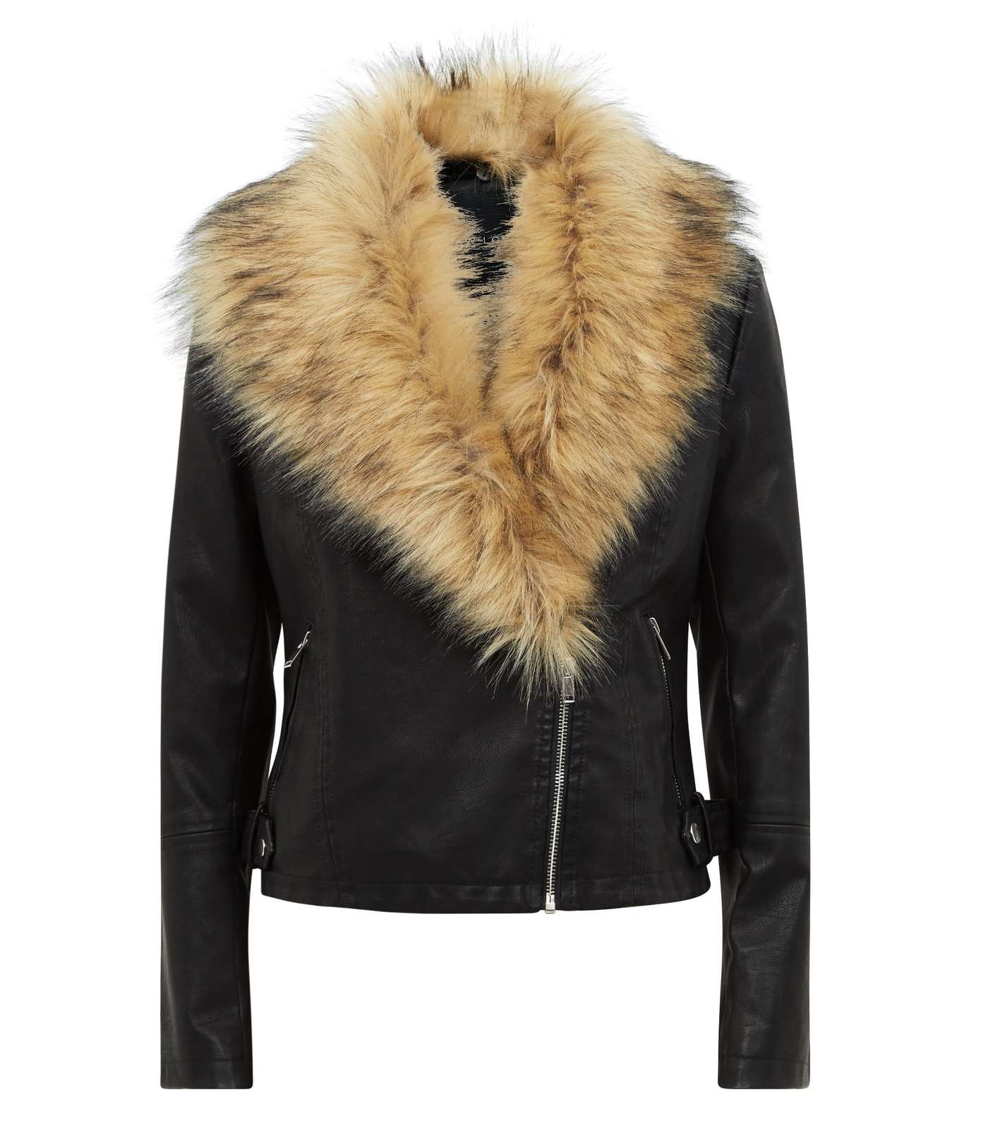 Black Leather-Look Faux Fur Collar Jacket  Image 4