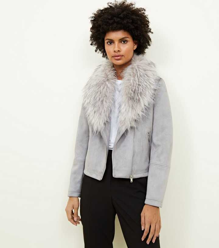 grey biker jacket with fur