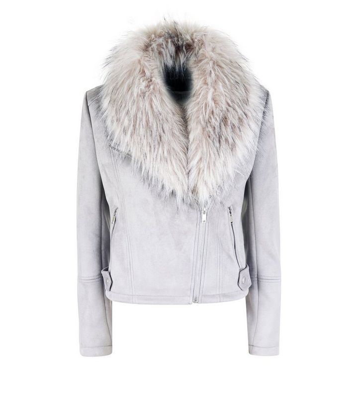Pale Grey Suedette Faux Fur Collar Jacket New Look Pale Grey Suedette Faux Fur Collar Jacket The Look