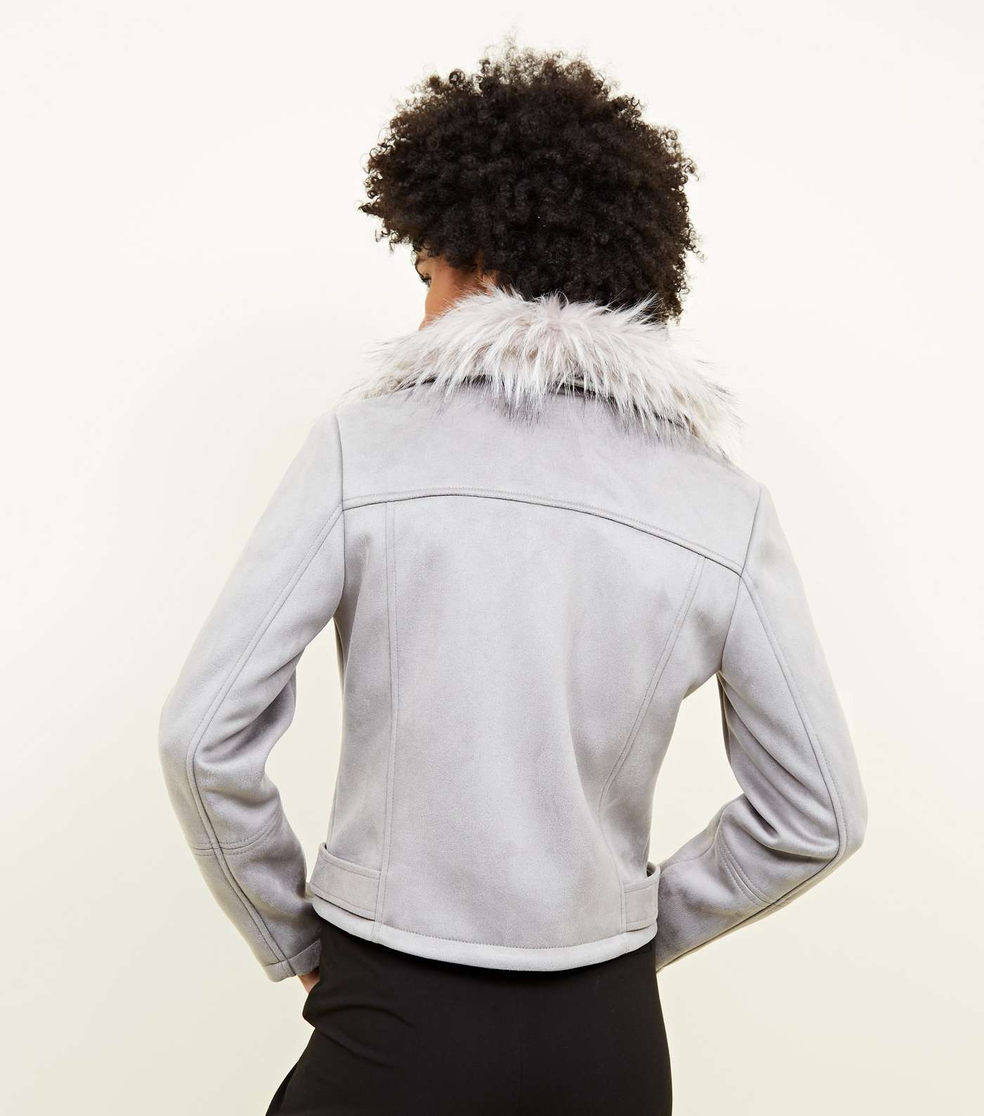 Pale Grey Suedette Faux Fur Collar Jacket  Image 3