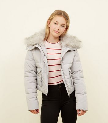 Girls Dark Grey Faux Fur Trim Short Puffer Coat New Look