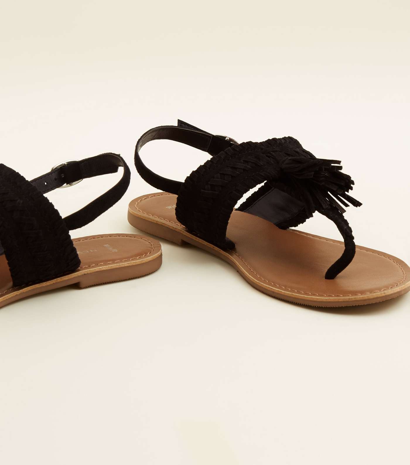 Wide Fit Black Suede Tassel Woven Strap Sandals Image 4