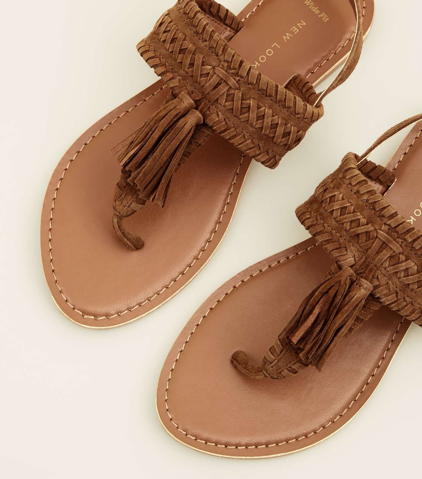 Wide Fit Tan Suede Tassel Woven Strap Sandals Image 3