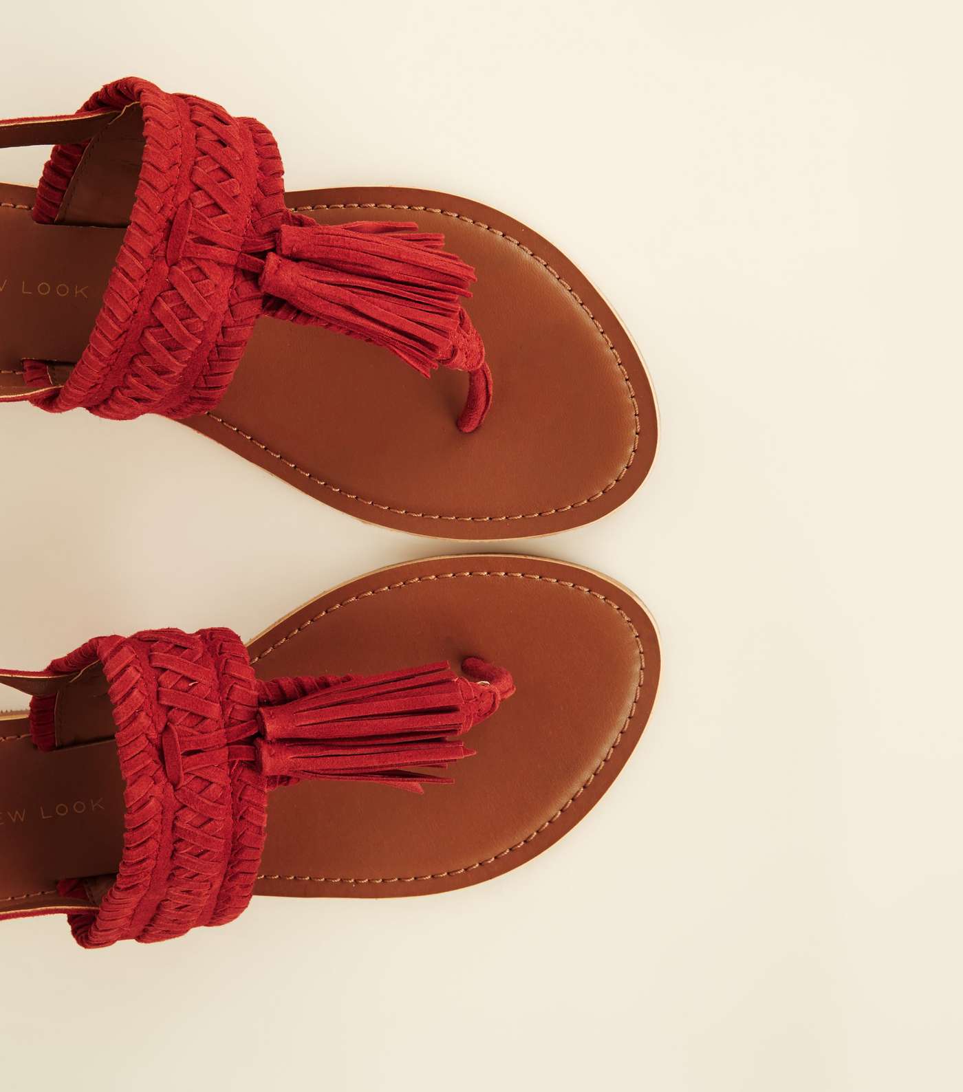 Wide Fit Red Suede Tassel Woven Strap Sandals Image 4
