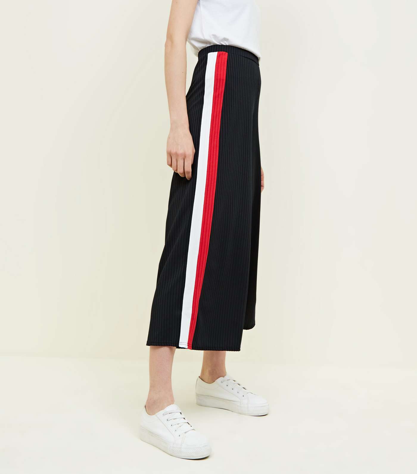 Black Ribbed Side Stripe Cropped Trousers Image 2