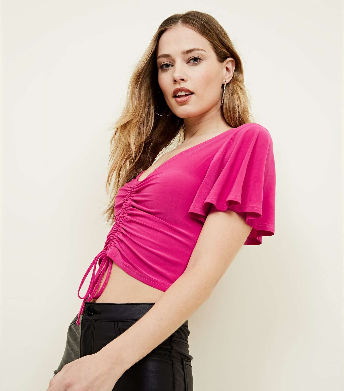 Bright Pink Ruched Front Flutter Sleeve Crop Top