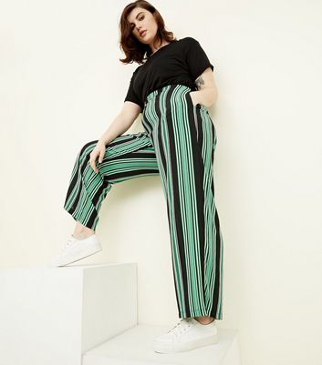Curves Green Stripe Wide Leg Trousers 