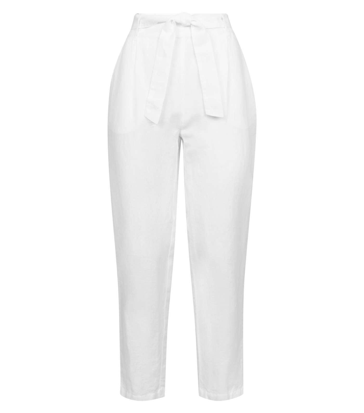 White Linen Blend Tie Waist Cropped Trousers Image 4