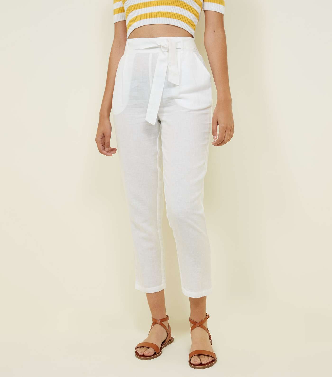 White Linen Blend Tie Waist Cropped Trousers Image 2