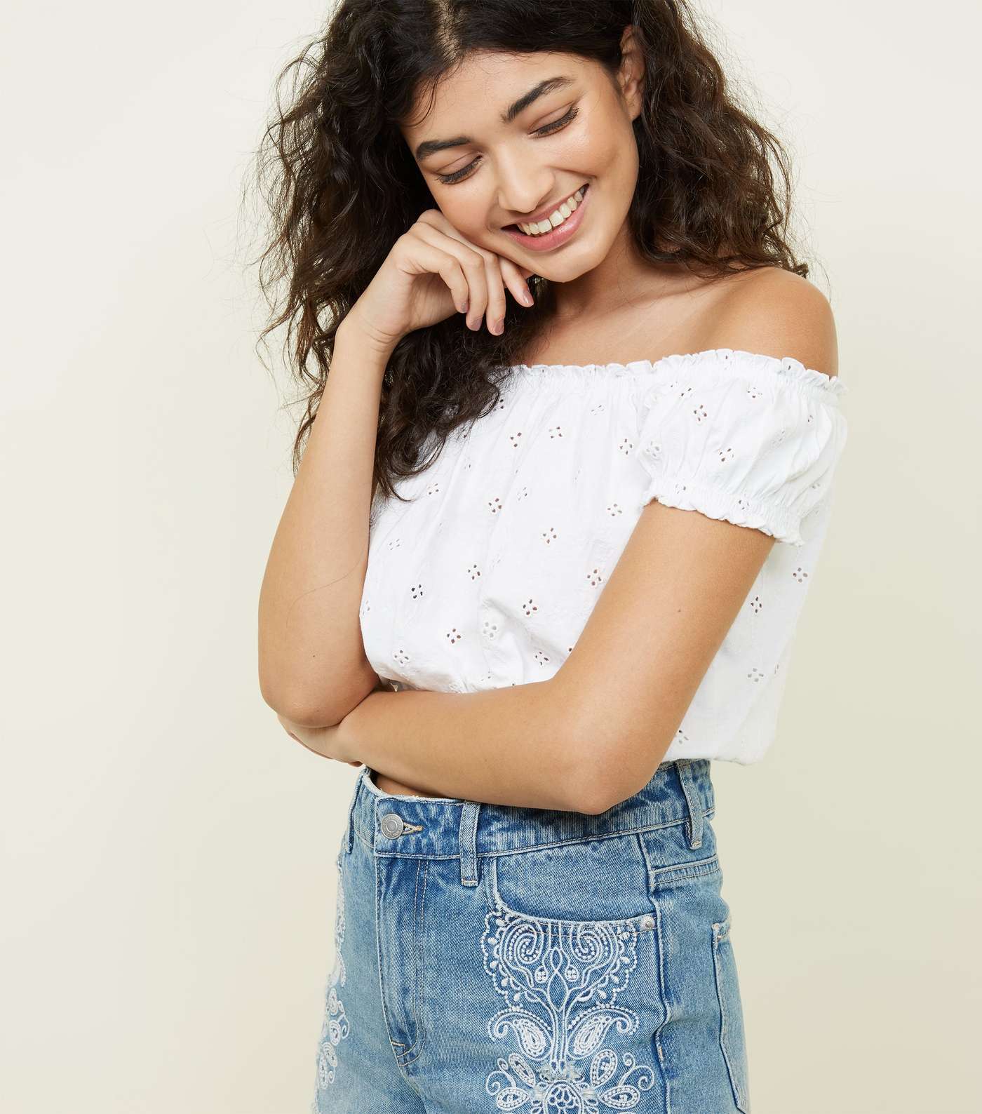 White Broderie Gathered Bardot Crop Top