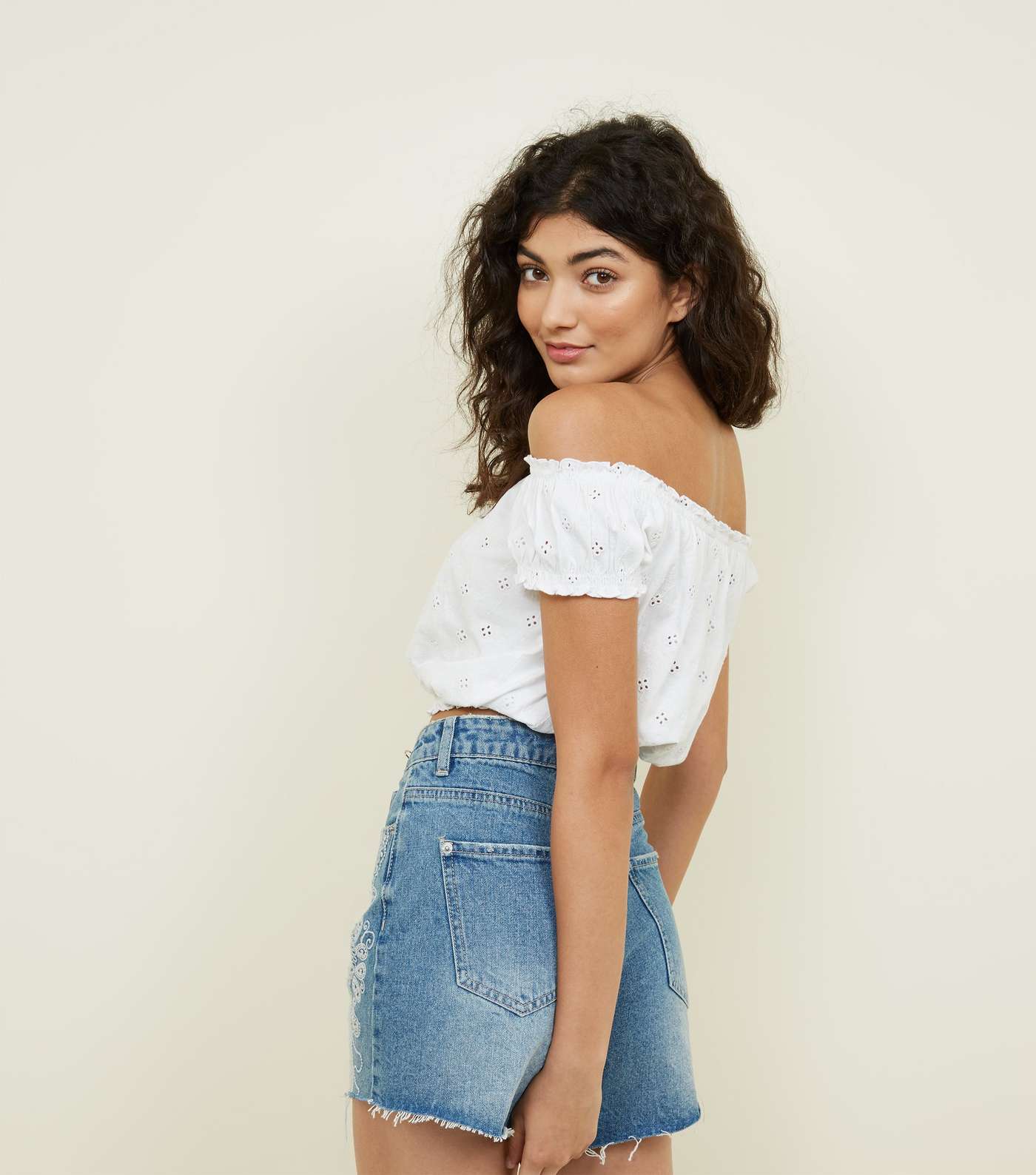 White Broderie Gathered Bardot Crop Top Image 3