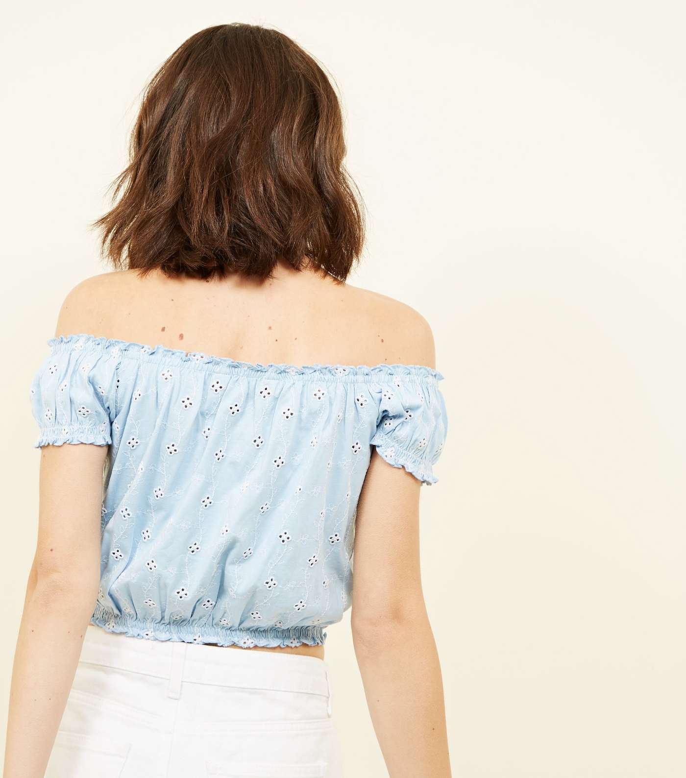 Pale Blue Broderie Gathered Bardot Crop Top Image 3
