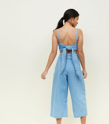 tie back denim jumpsuit