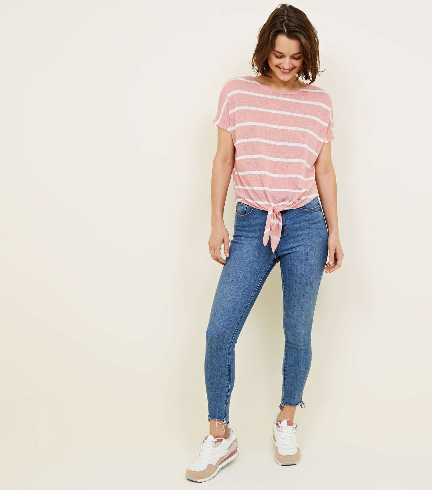 Pink Stripe Fine Knit Tie Front T-Shirt Image 2