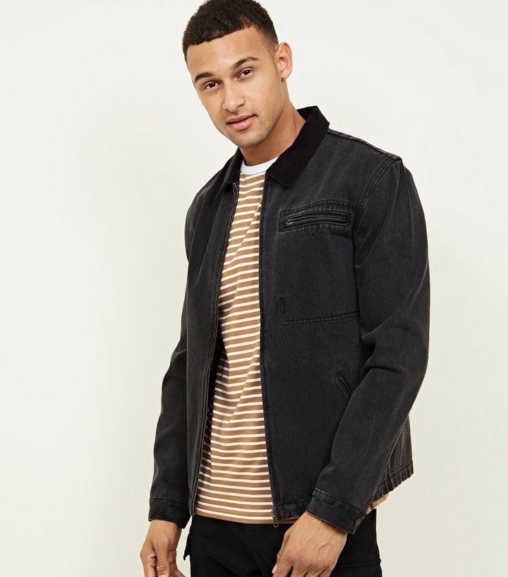 Black Denim Corduroy Collar Worker Jacket New Look