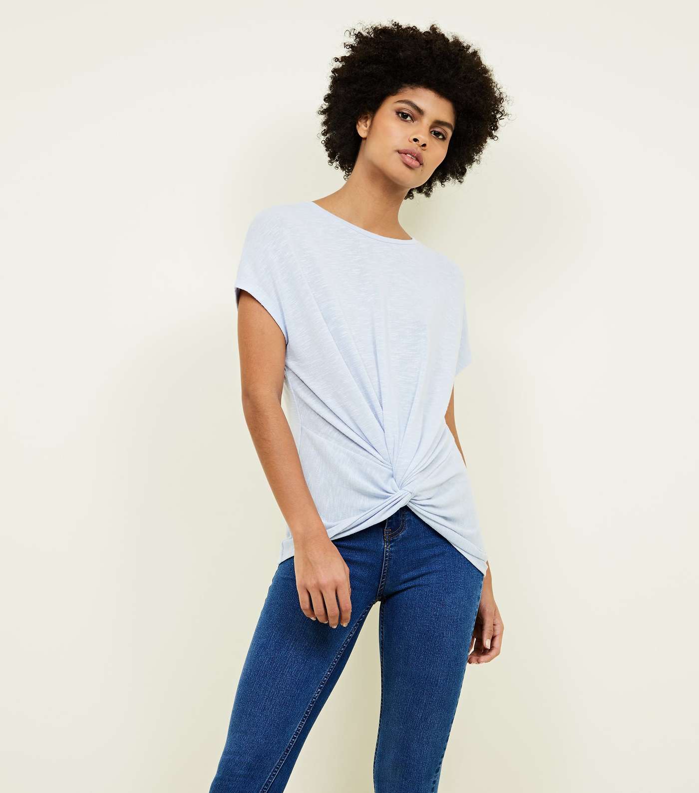 Pale Blue Twist Front Fine Knit T-Shirt
