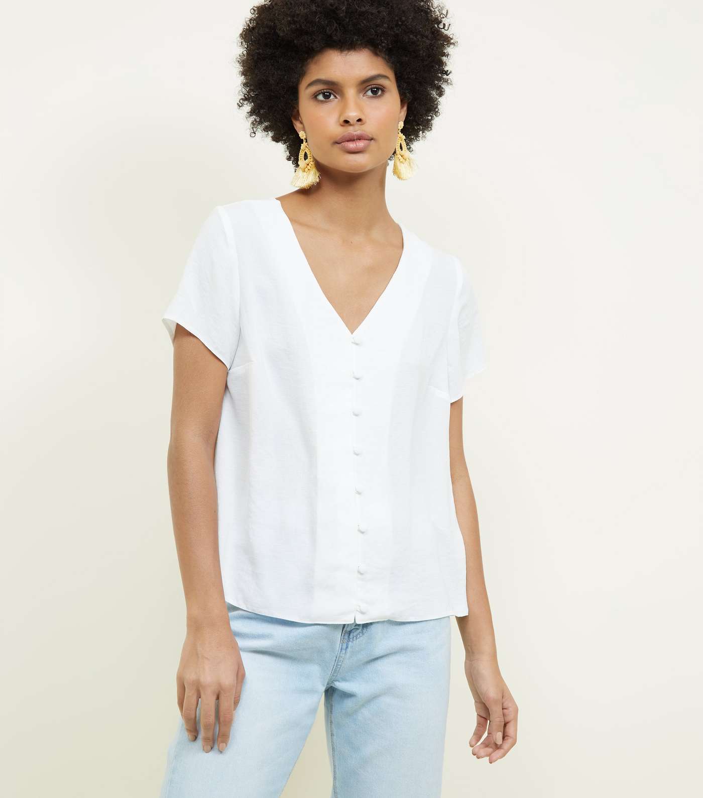 Off White V-Neck Button Front Blouse