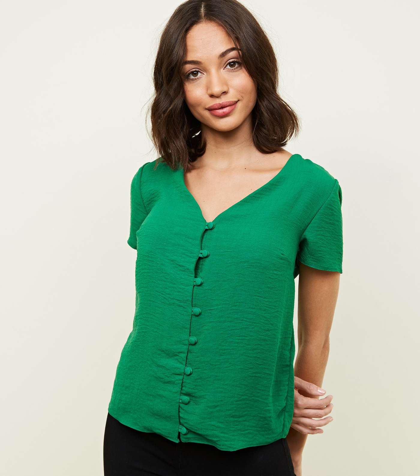 Green V Neck Button Front Blouse