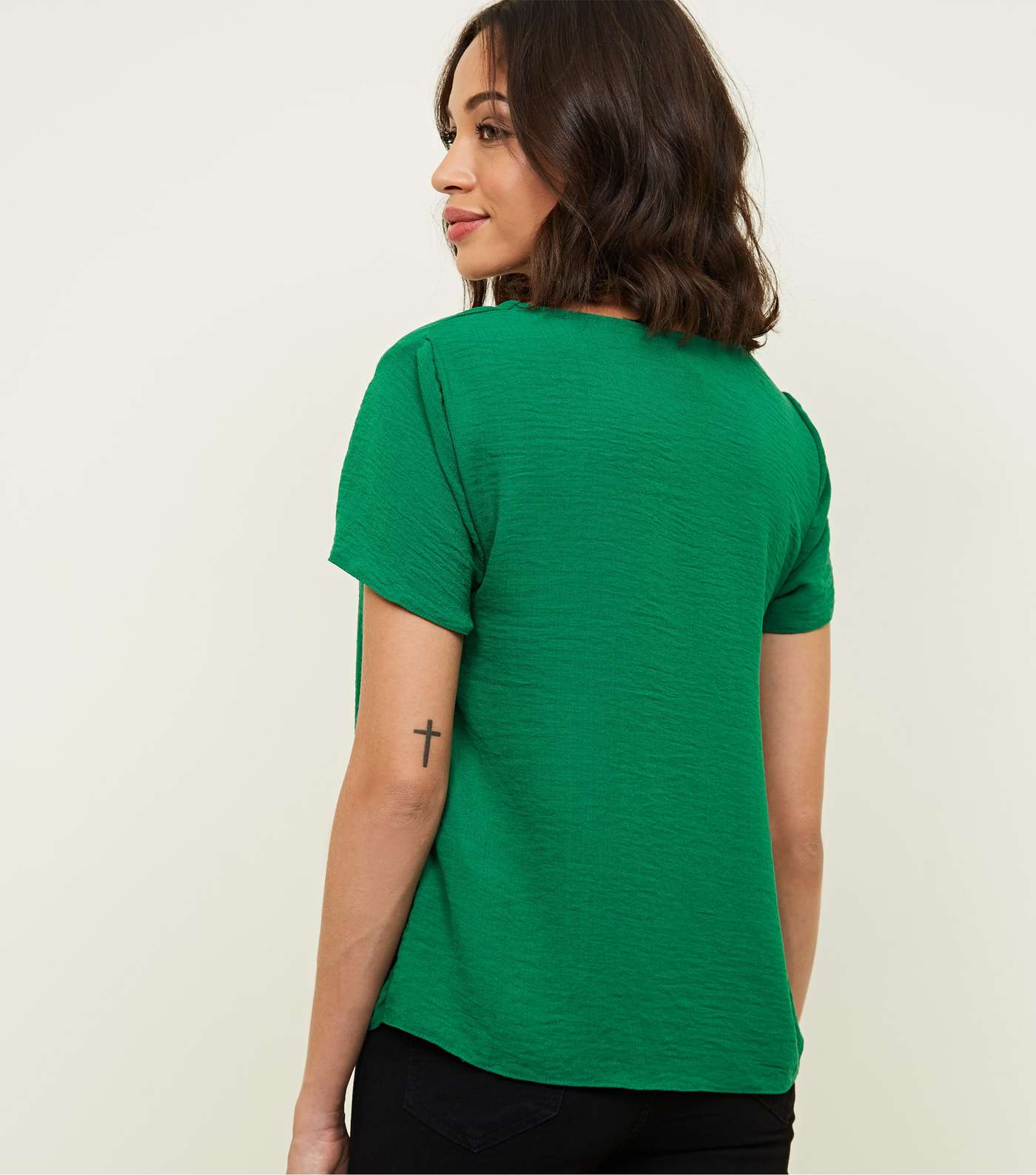 Green V Neck Button Front Blouse Image 3