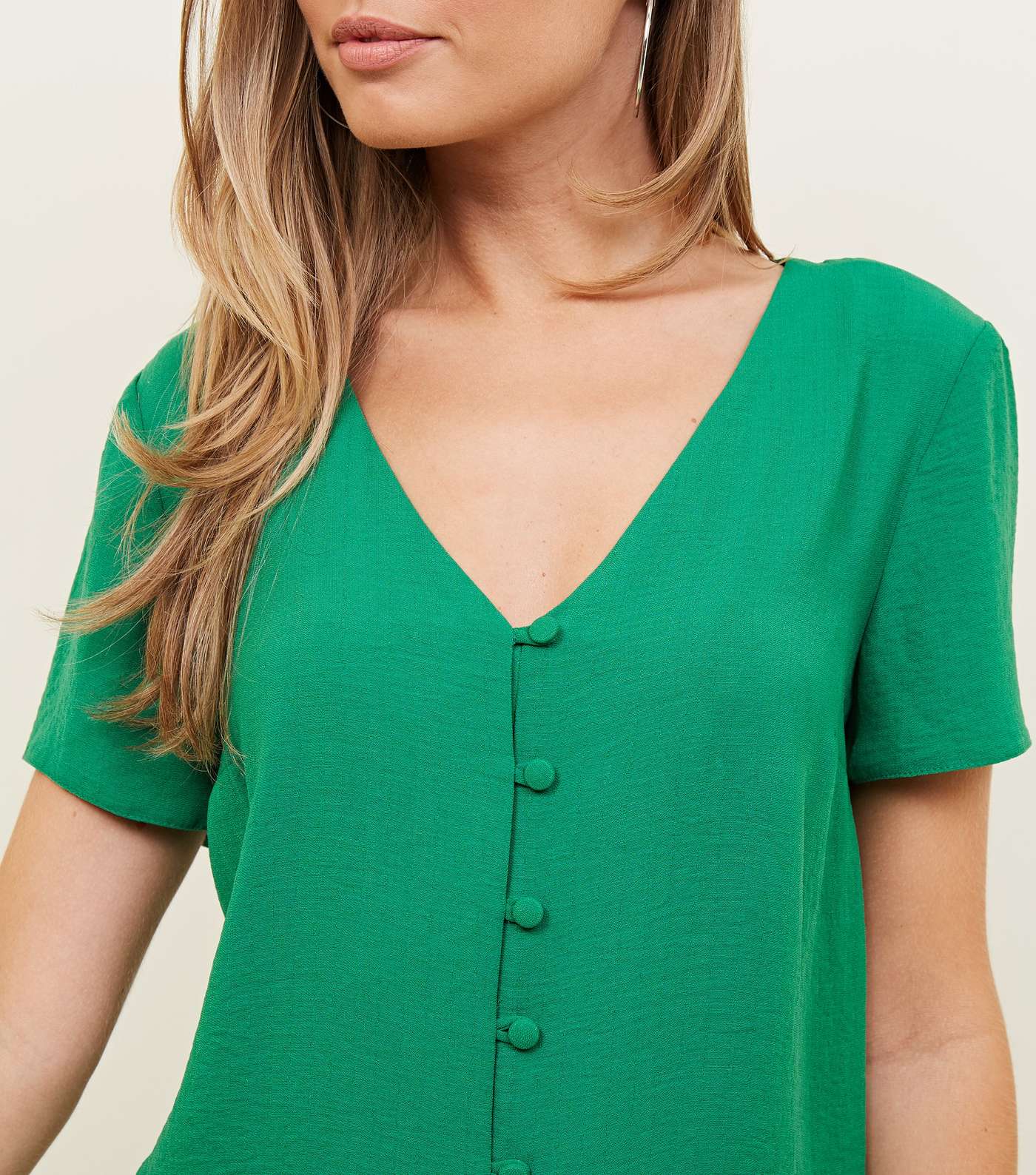Green V Neck Button Front Blouse Image 5