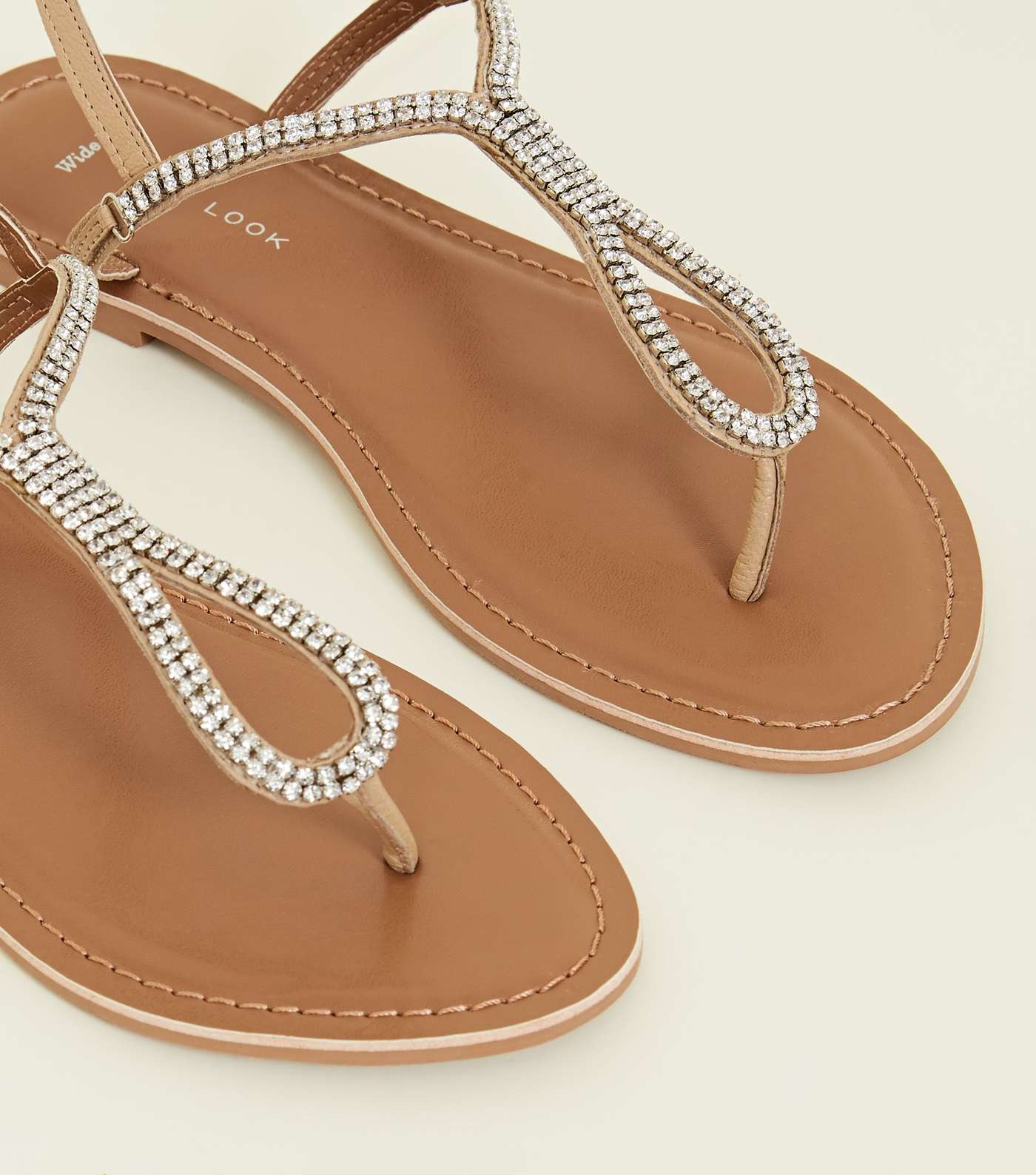 Wide Fit Nude Leather Diamanté Flat Sandals Image 3