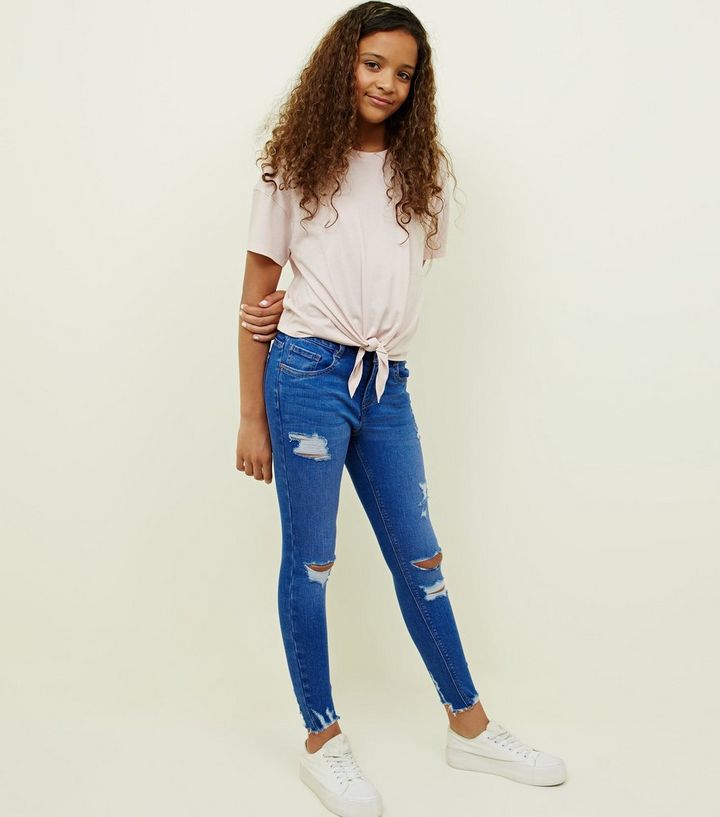 Girls Bright Blue Ripped Skinny Jeans New Look