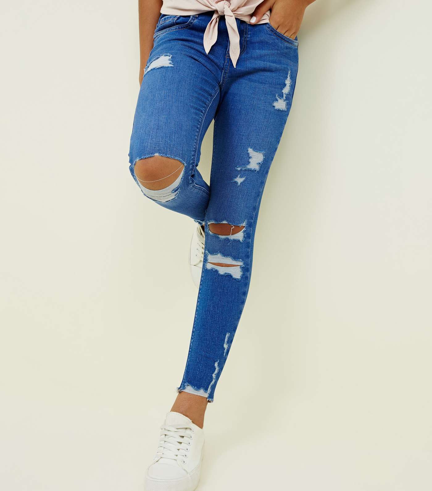 Girls Bright Blue Ripped Skinny Jeans Image 6