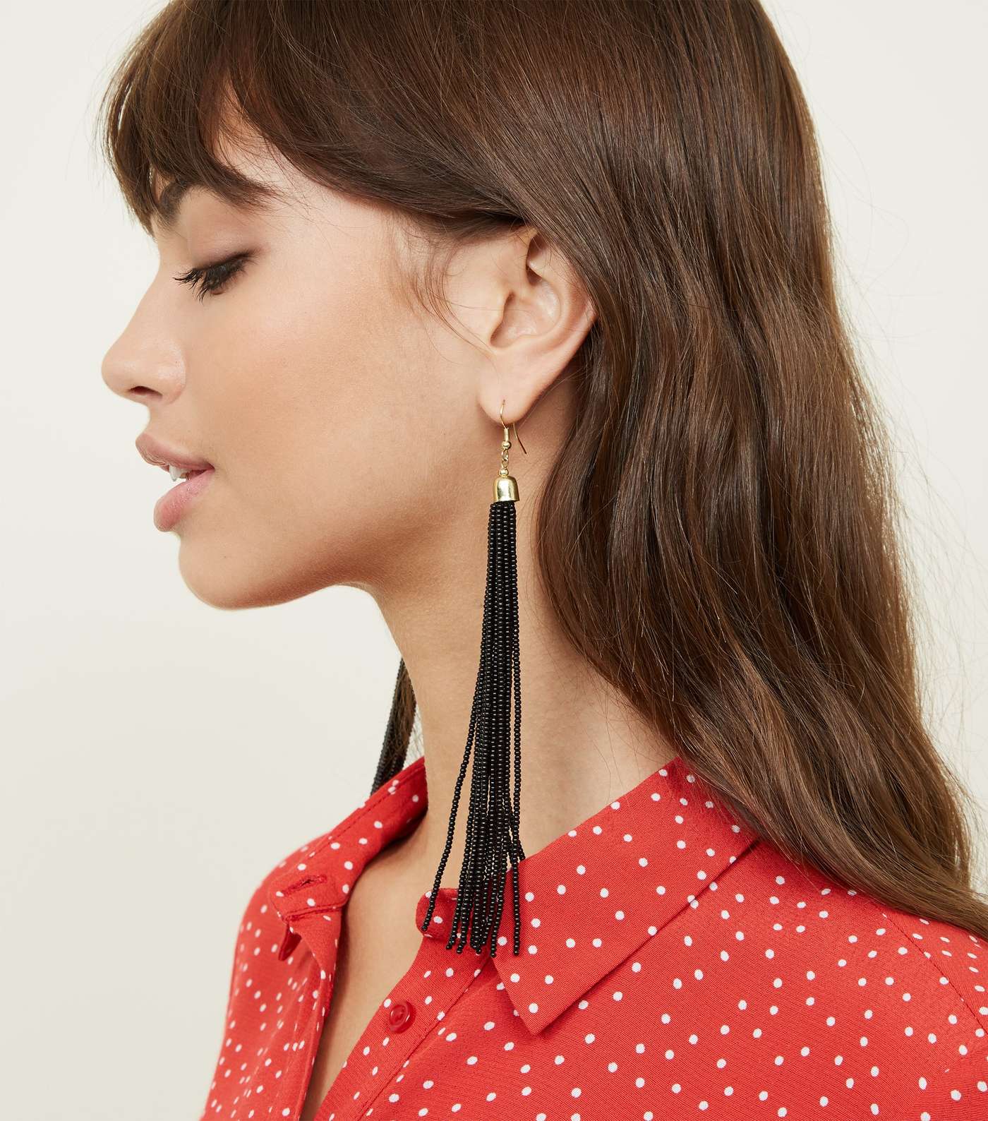 Black Long Beaded Tassel Drop Earrings Image 2