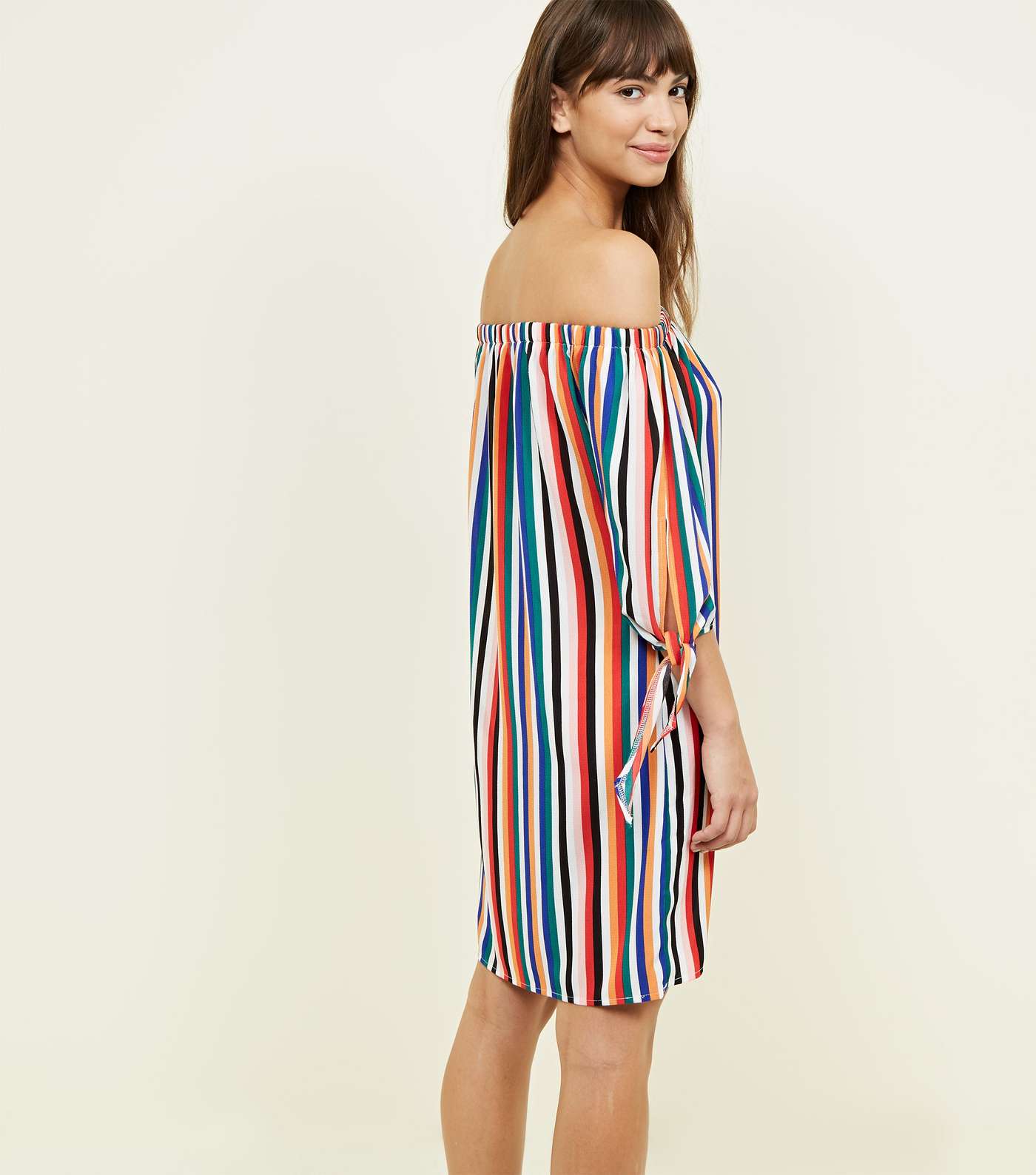 Rainbow Stripe Tie Sleeve Bardot Dress Image 3