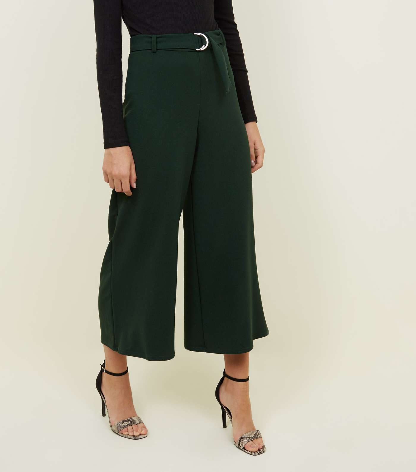 Dark Green D-Ring Belt Cropped Trousers Image 2