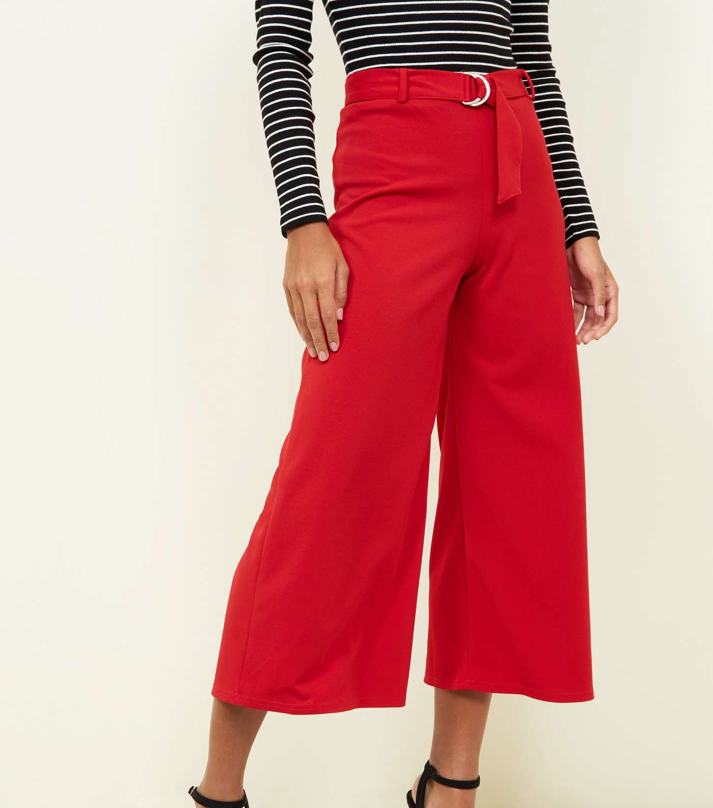 Dark Red D-Ring Belt Cropped Trousers Image 2