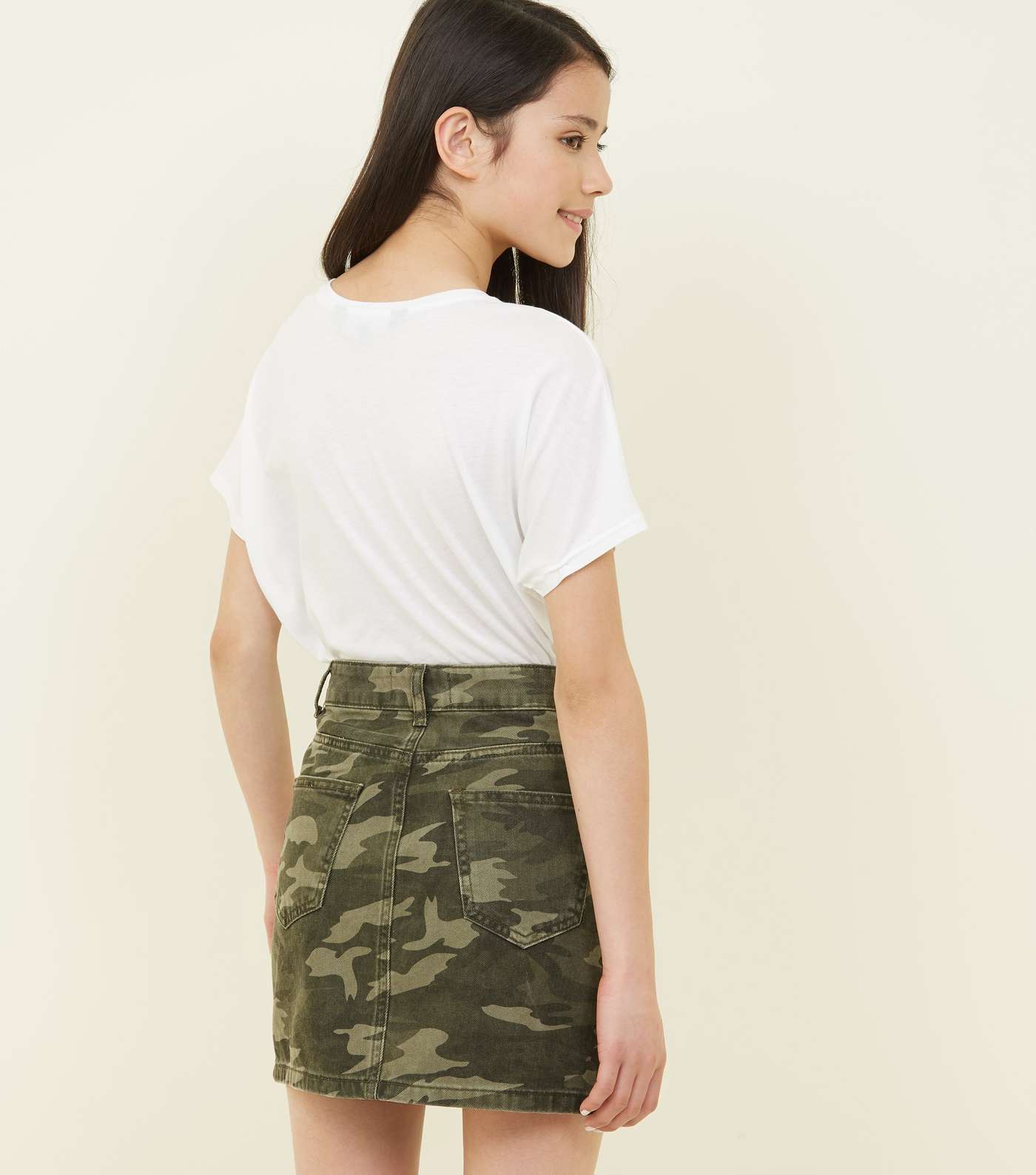 Girls Green Camo Print Denim Skirt Image 3
