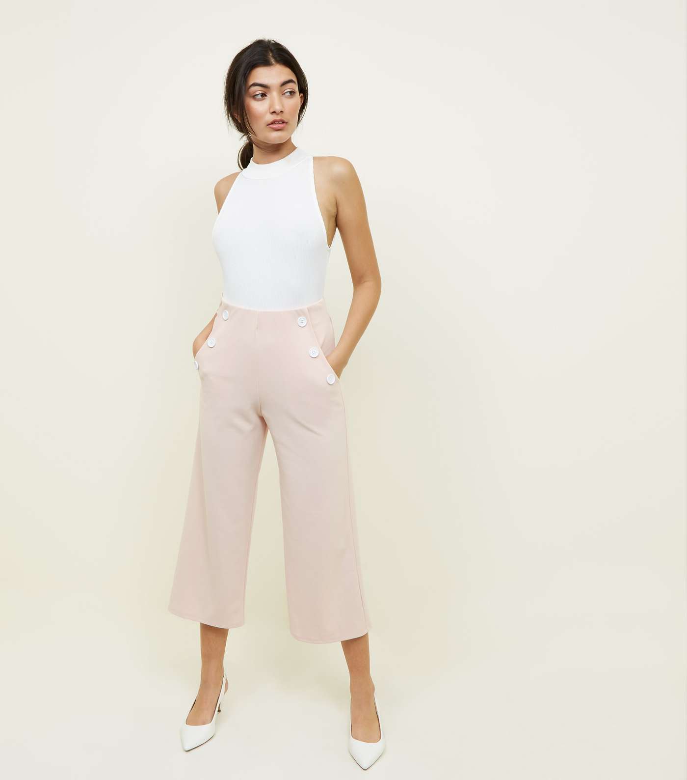 Pale Pink Scuba Button Side Cropped Trousers
