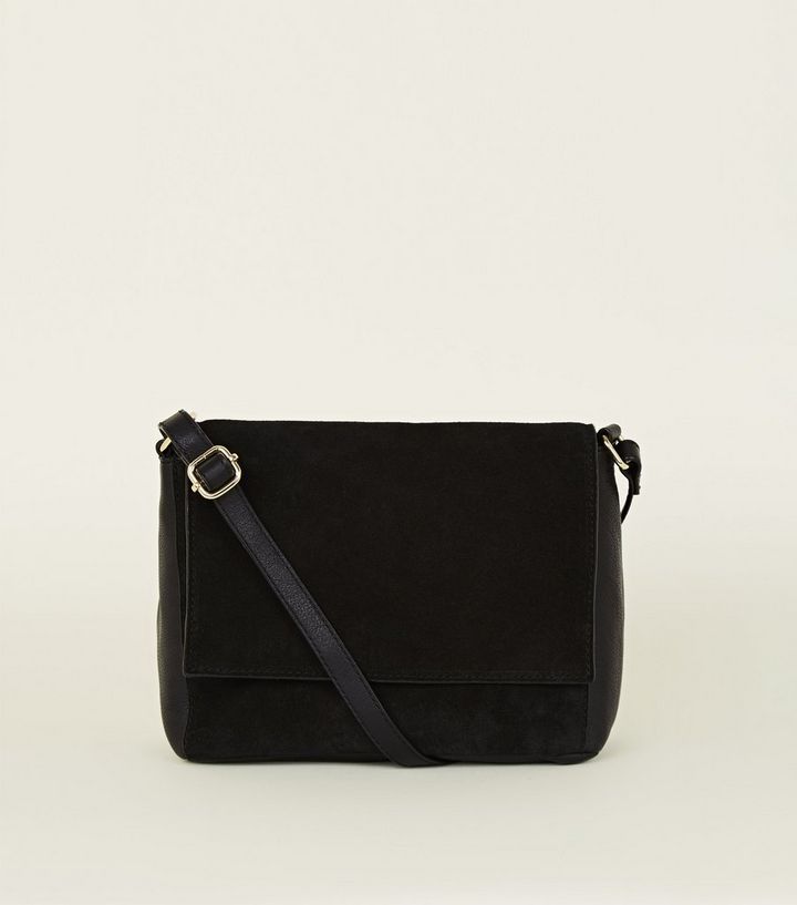 Black Leather And Suede Foldover Cross Body Bag New Look The Look