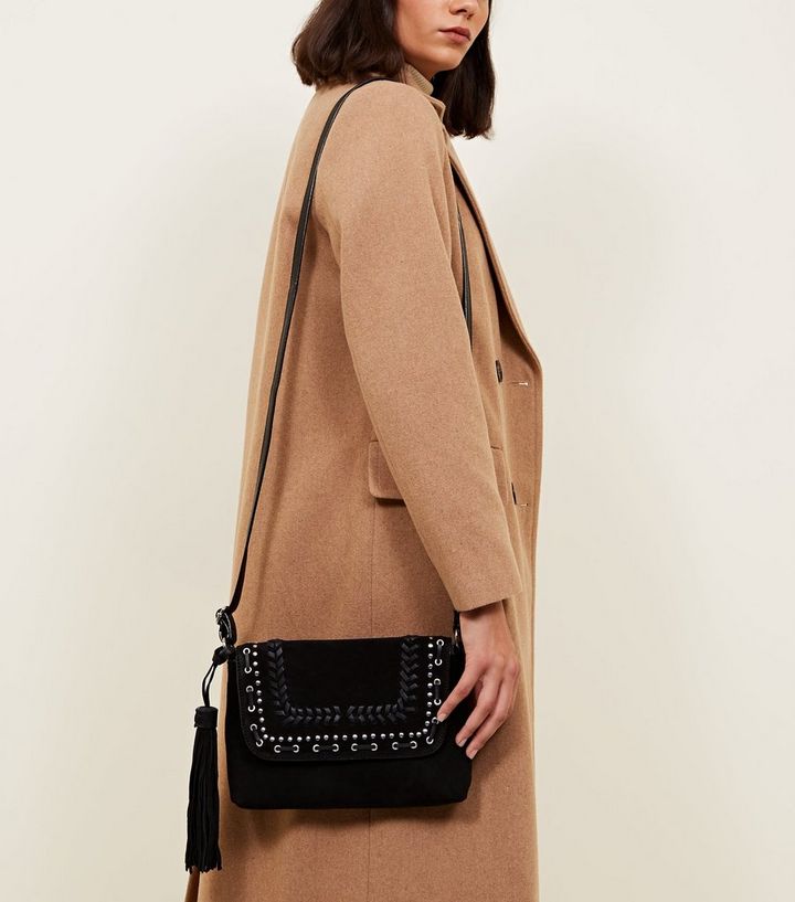 Black Suede Eyelet Tassel Cross Body Bag New Look