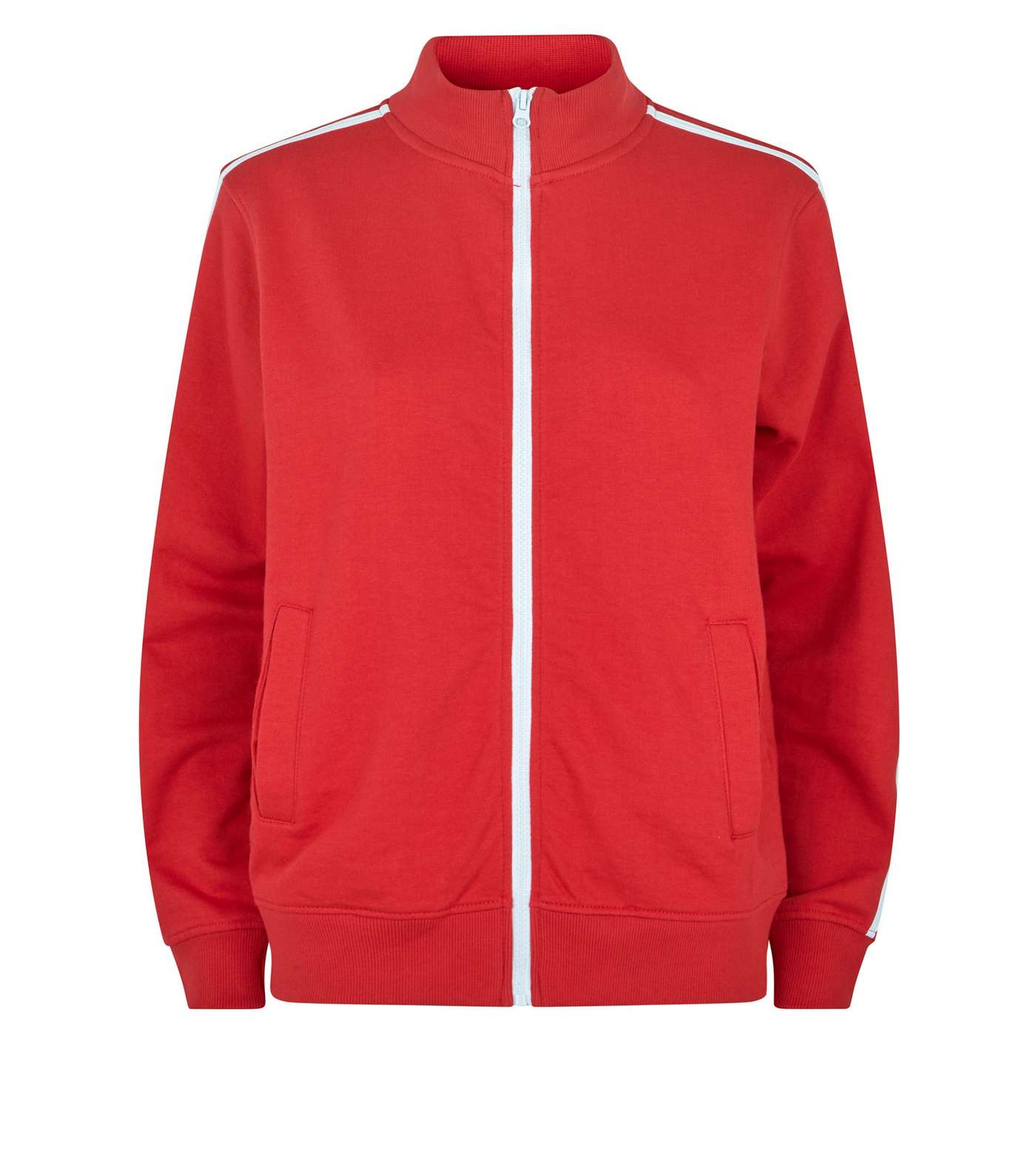 Red Contrast Stripe Sleeve Zip Front Sweatshirt Image 7