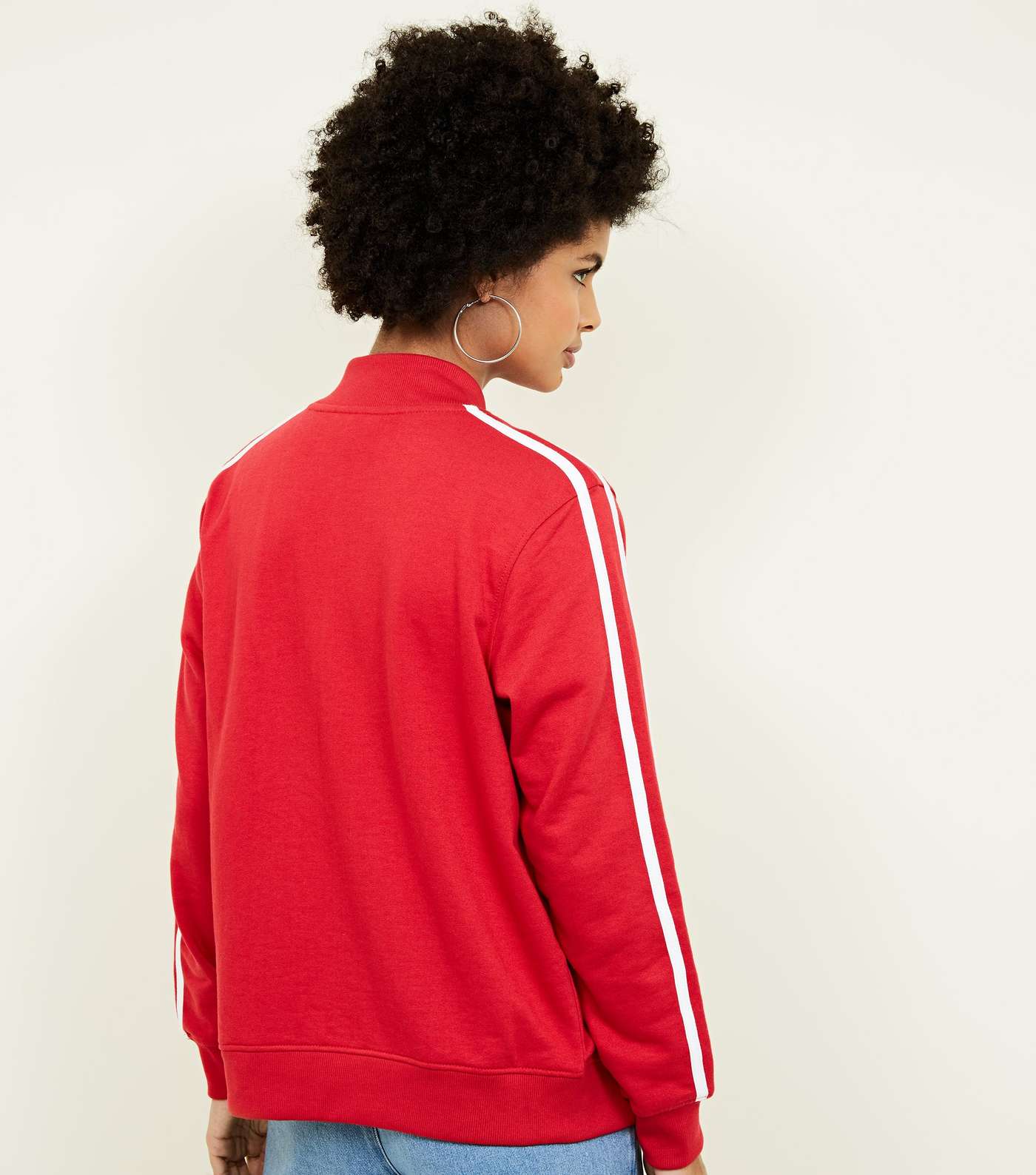 Red Contrast Stripe Sleeve Zip Front Sweatshirt Image 3