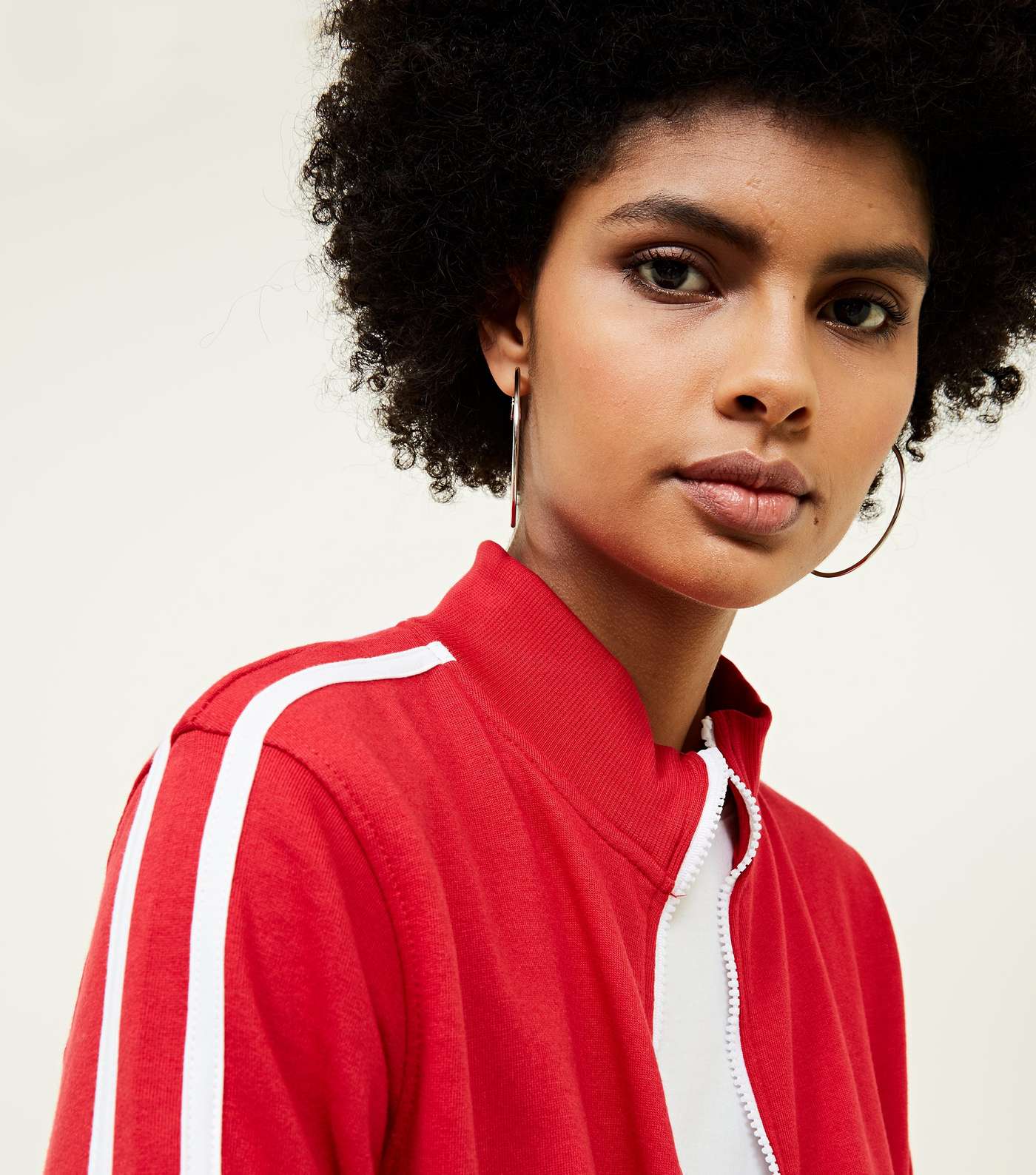 Red Contrast Stripe Sleeve Zip Front Sweatshirt Image 5