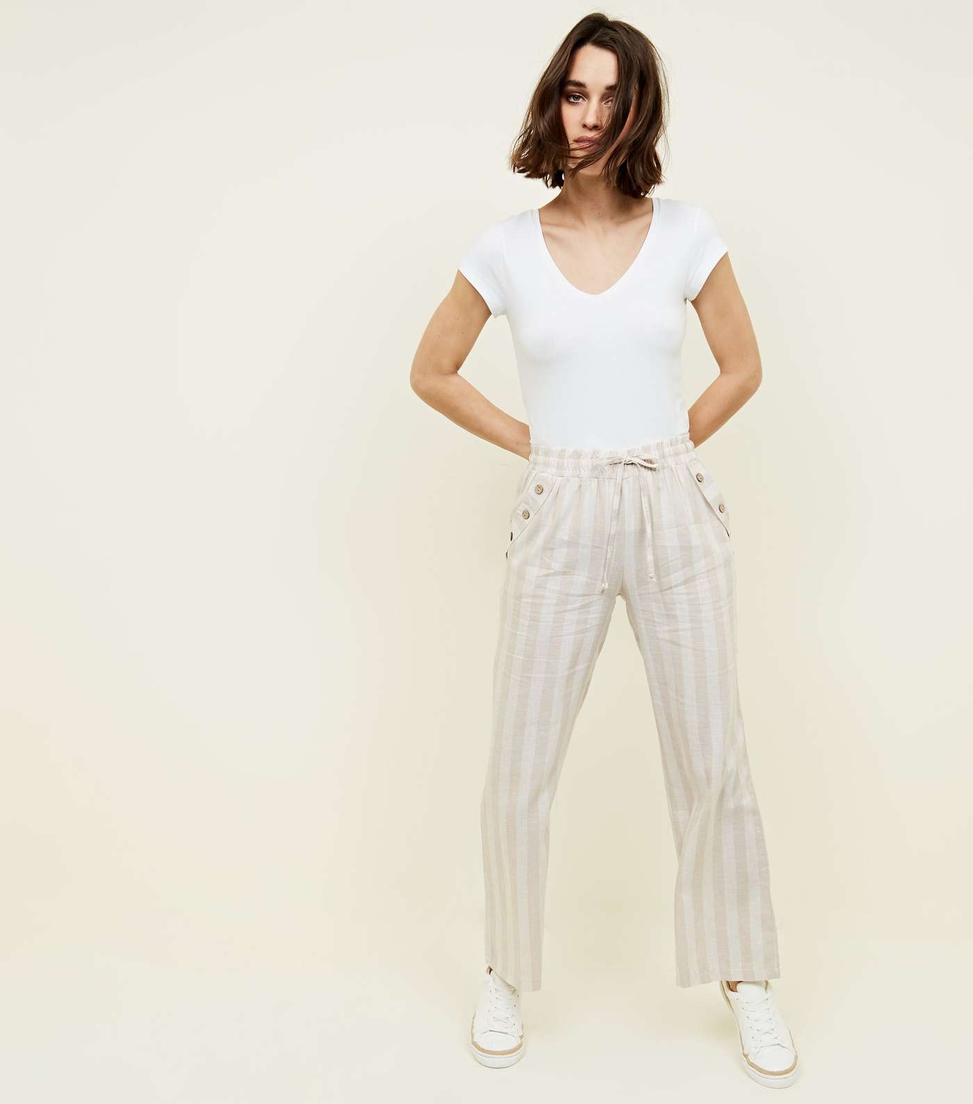 Lulua London Off White Stripe Linen-Look Trousers 