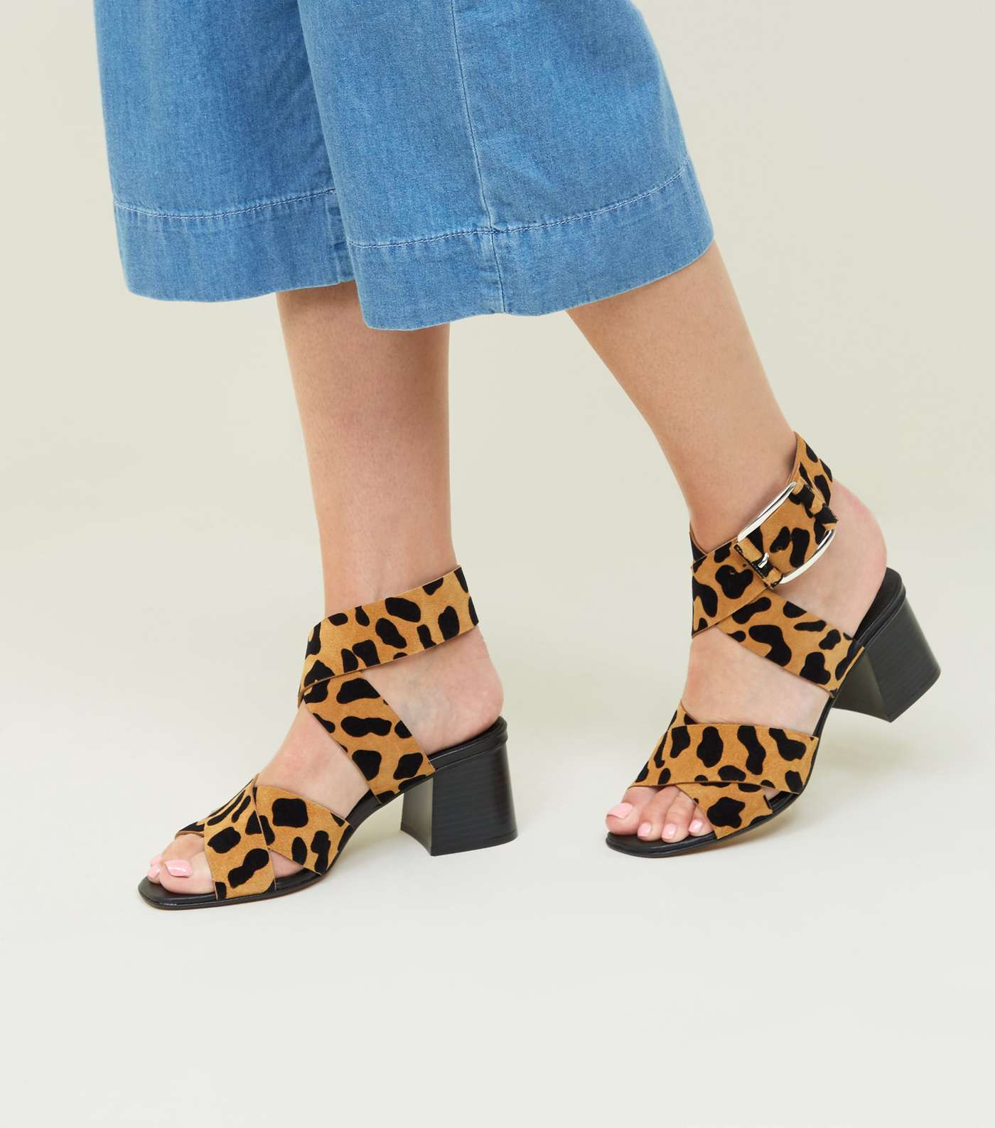 Tan Premium Suede Leopard Print Cross Strap Sandals Image 2