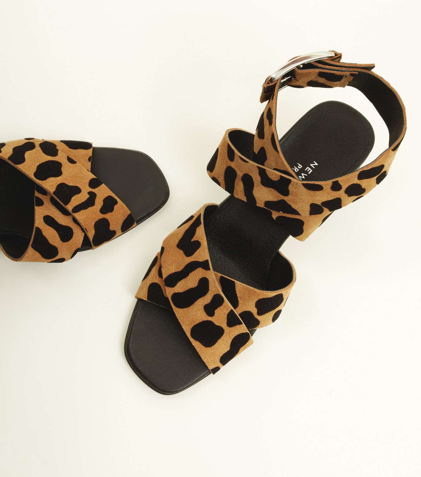 Tan Premium Suede Leopard Print Cross Strap Sandals Image 4