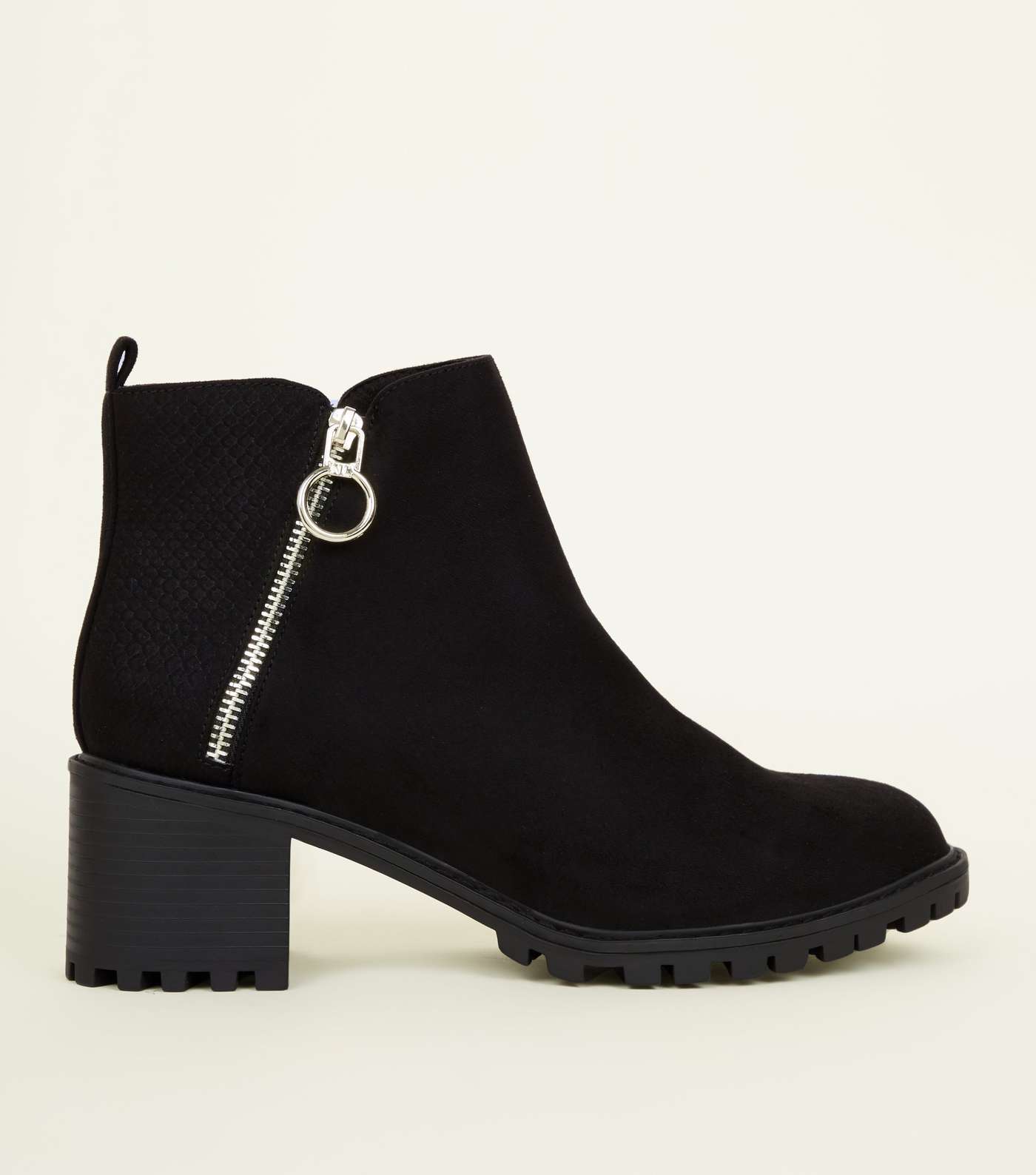 Black Ring Zip Cleated Sole Ankle Boots